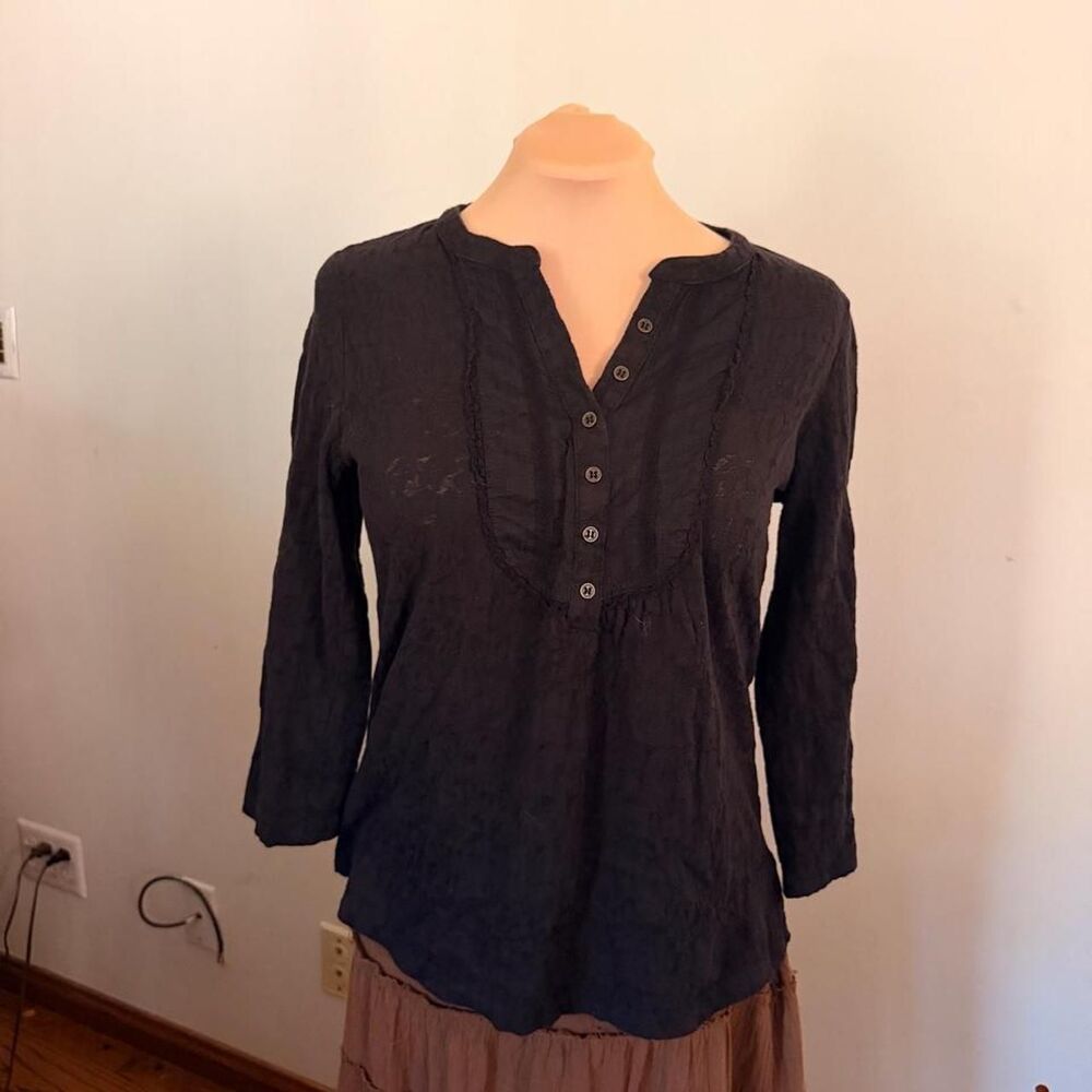 Black Textured Cotton Lace Trim Henley Peasant Top Est. Size S